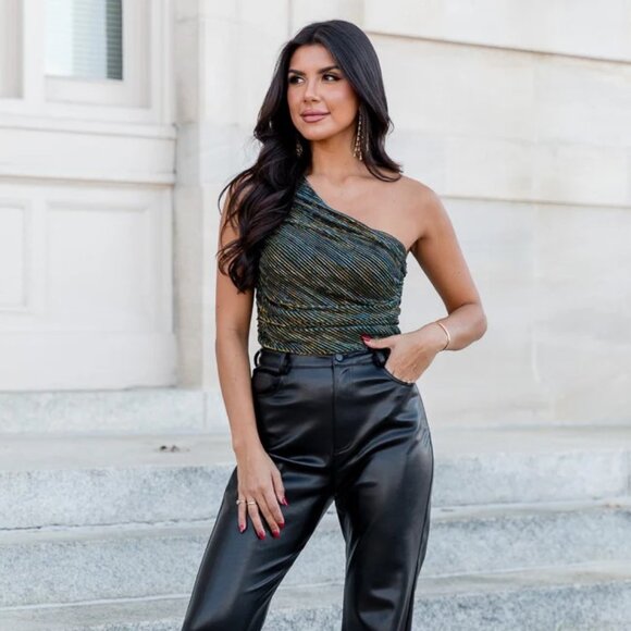 It's a Secret Black Shimmer One Shoulder Bodysuit - Picture 1 of 4